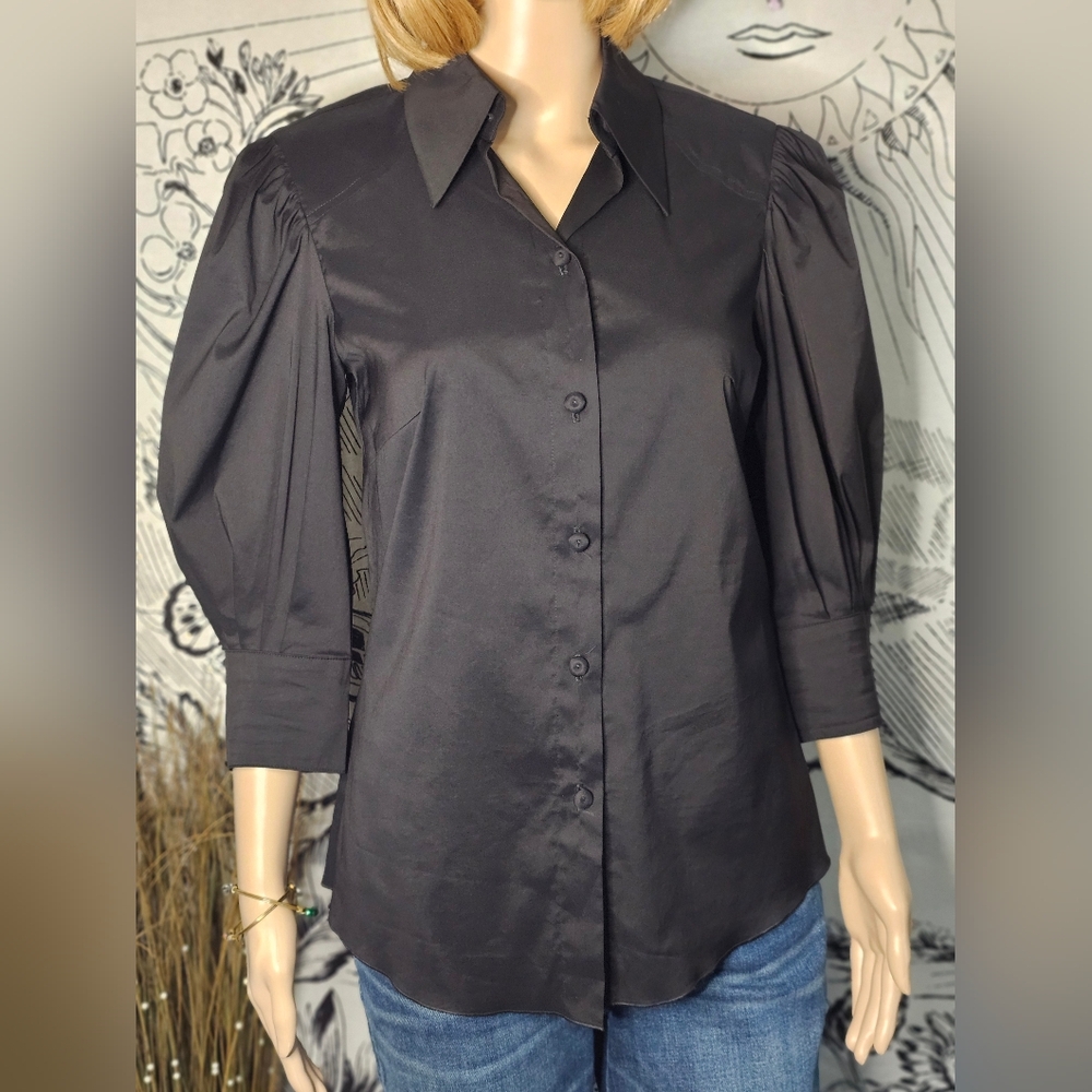 Like New Trina Turk Black Puff Sleeve Button Down Shirt Medium